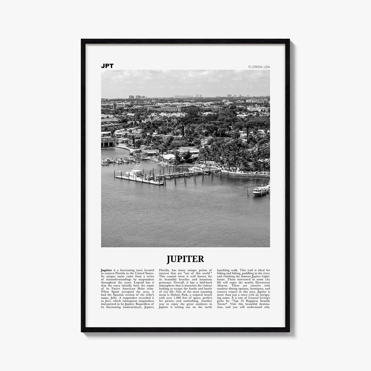 Jupiter black & white newspaper poster of Florida, USA – vertical wall art, unframed print shown in interior mockup