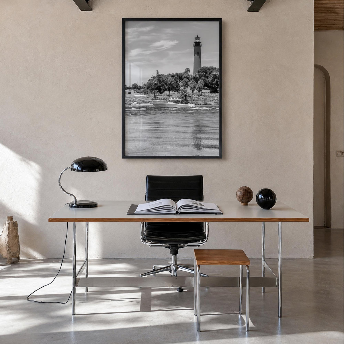 Jupiter black & white photo poster of Florida, USA – vertical wall art in black wood frame, hanging on wall