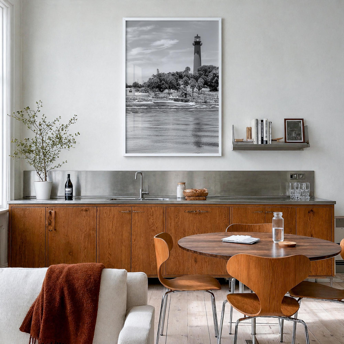 Jupiter black & white photo poster of Florida, USA – vertical wall art in white wood frame, hanging on wall