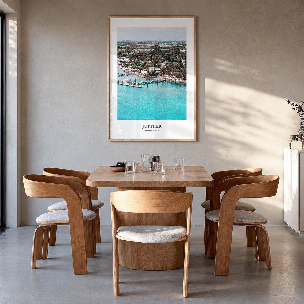 Jupiter colorful classic poster of Florida, USA – vertical wall art in natural wood frame, hanging on wall
