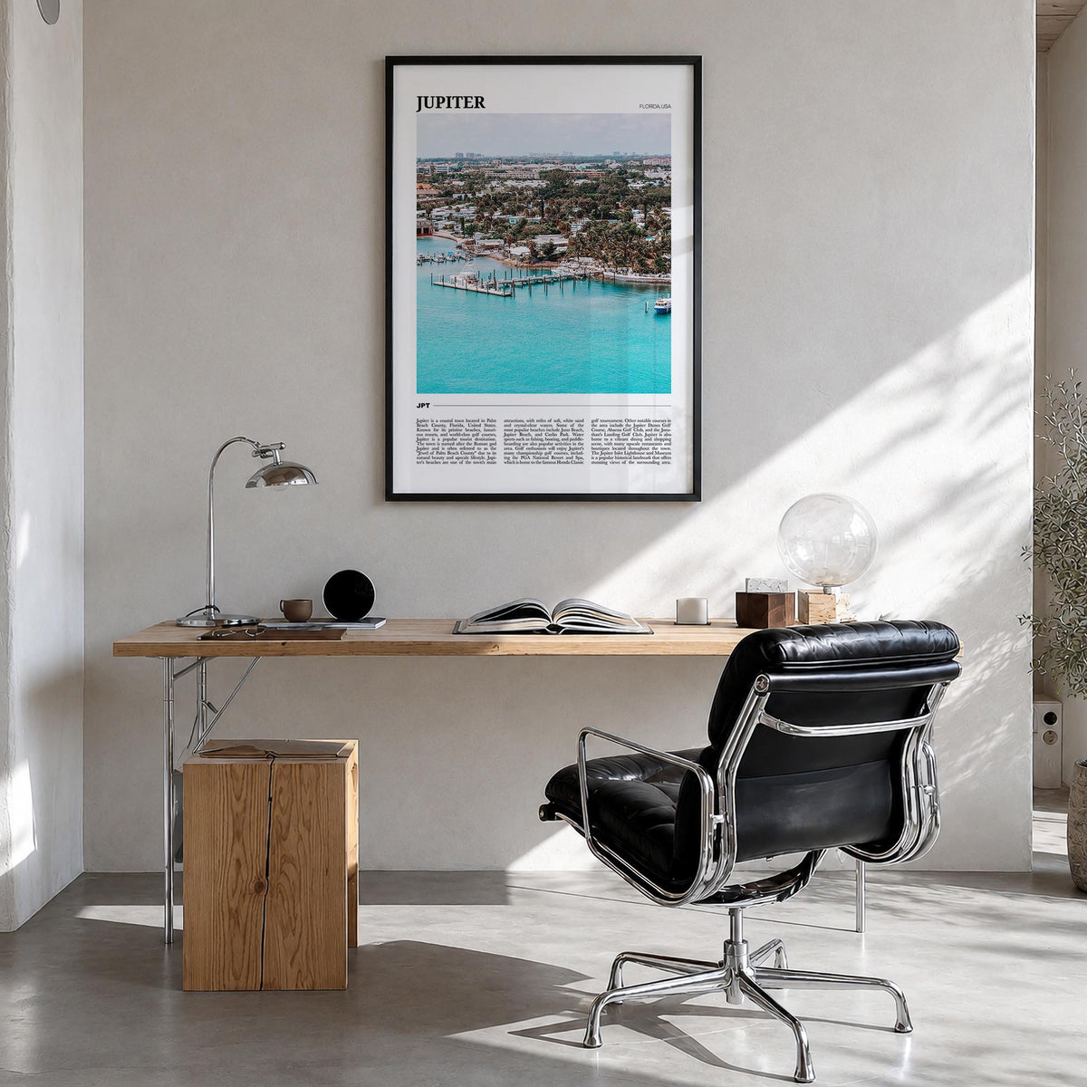 Jupiter colorful travel poster of Florida, USA – vertical wall art in black wood frame, hanging on wall