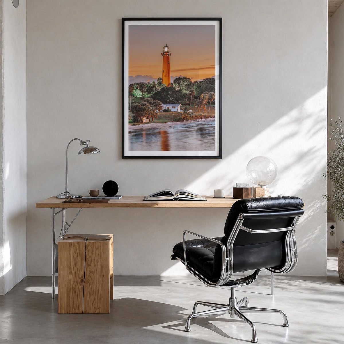 Jupiter no. 1 colorful photo poster of Florida, USA – vertical wall art in black wood frame with white border, hanging on wal