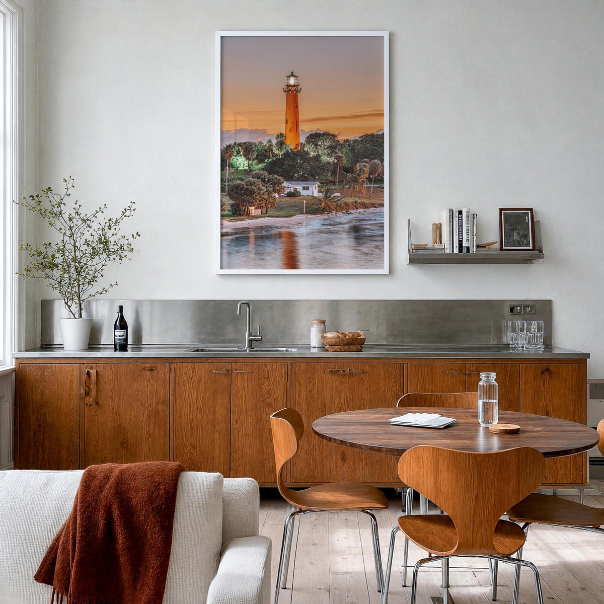 Jupiter no. 1 colorful photo poster of Florida, USA – vertical wall art in white wood frame, hanging on wall