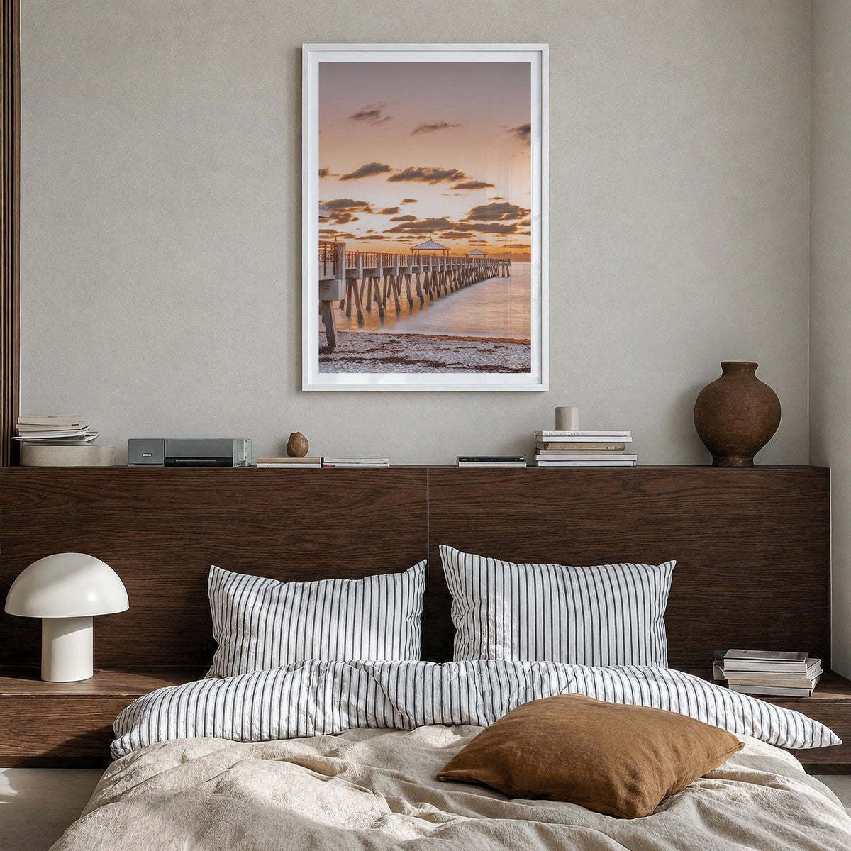 Jupiter no. 2 colorful photo poster of Florida, USA – vertical wall art in white wood frame with white border, hanging on wal