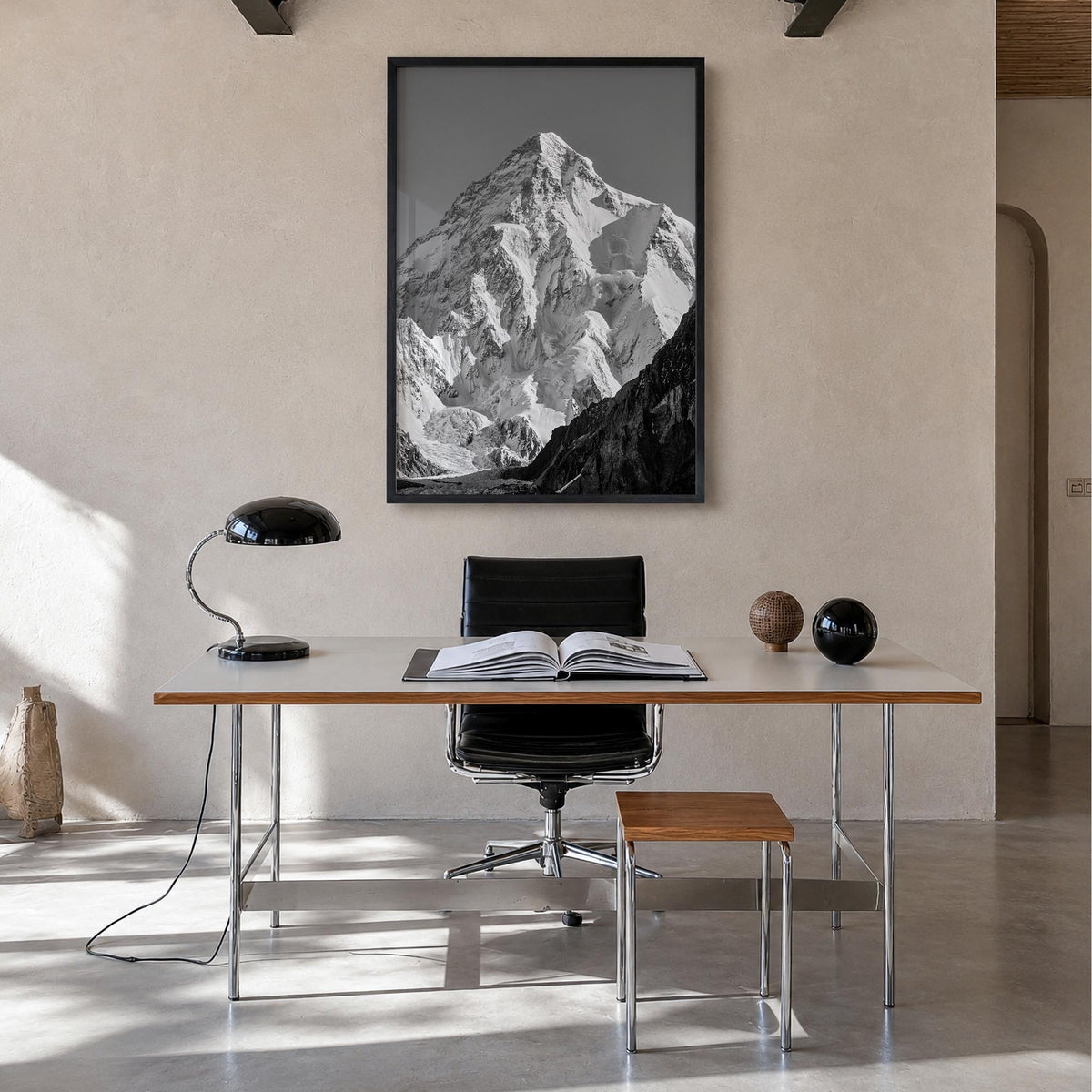 K2 black & white photo poster of Pakistan & China – vertical wall art in black wood frame, hanging on wall