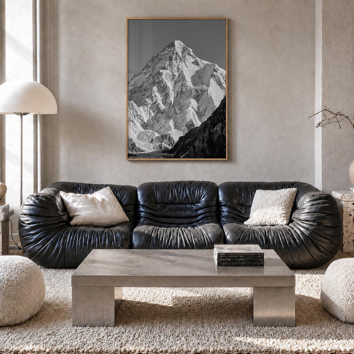 K2 black & white photo poster of Pakistan & China – vertical wall art in natural wood frame, hanging on wall
