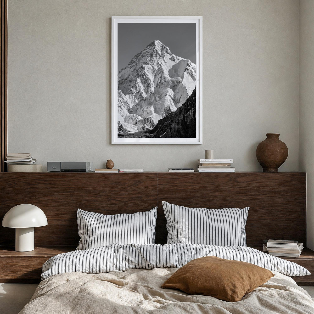 K2 black & white photo poster of Pakistan & China – vertical wall art in white wood frame with white border, hanging on wall