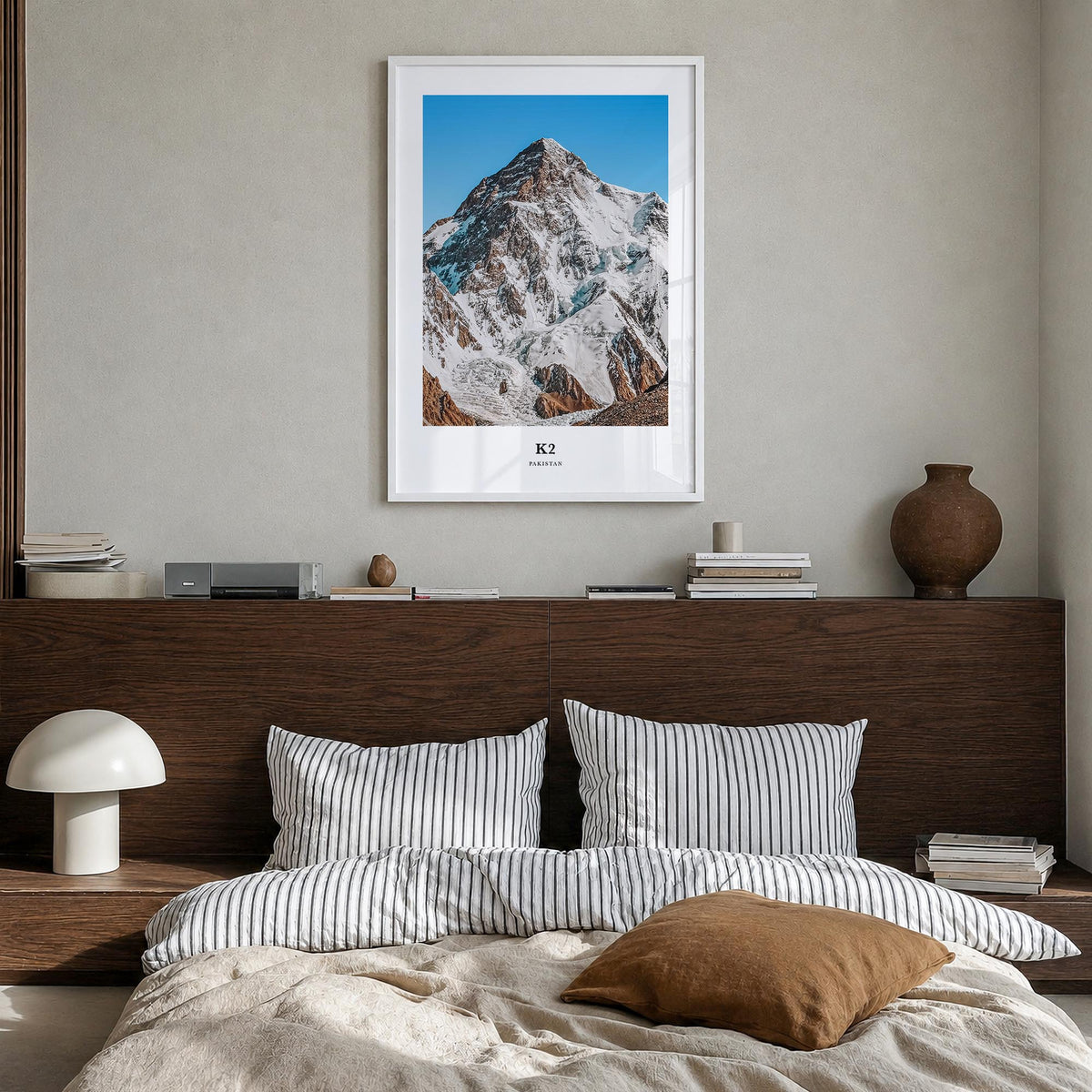 K2 colorful classic poster of Pakistan & China – vertical wall art in white wood frame, hanging on wall