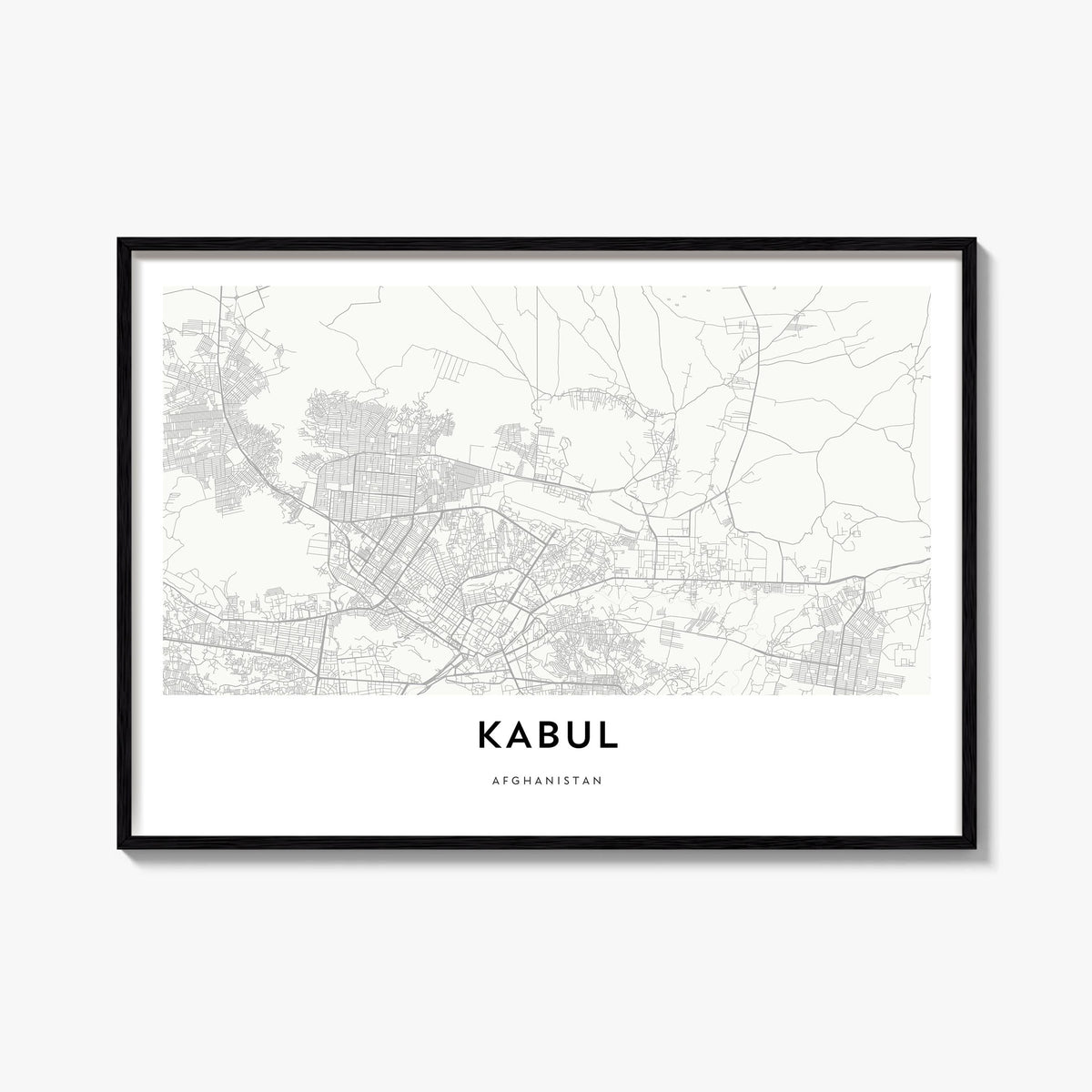 Kabul black & white map poster of Afghanistan – horizontal wall art, unframed print shown in interior mockup