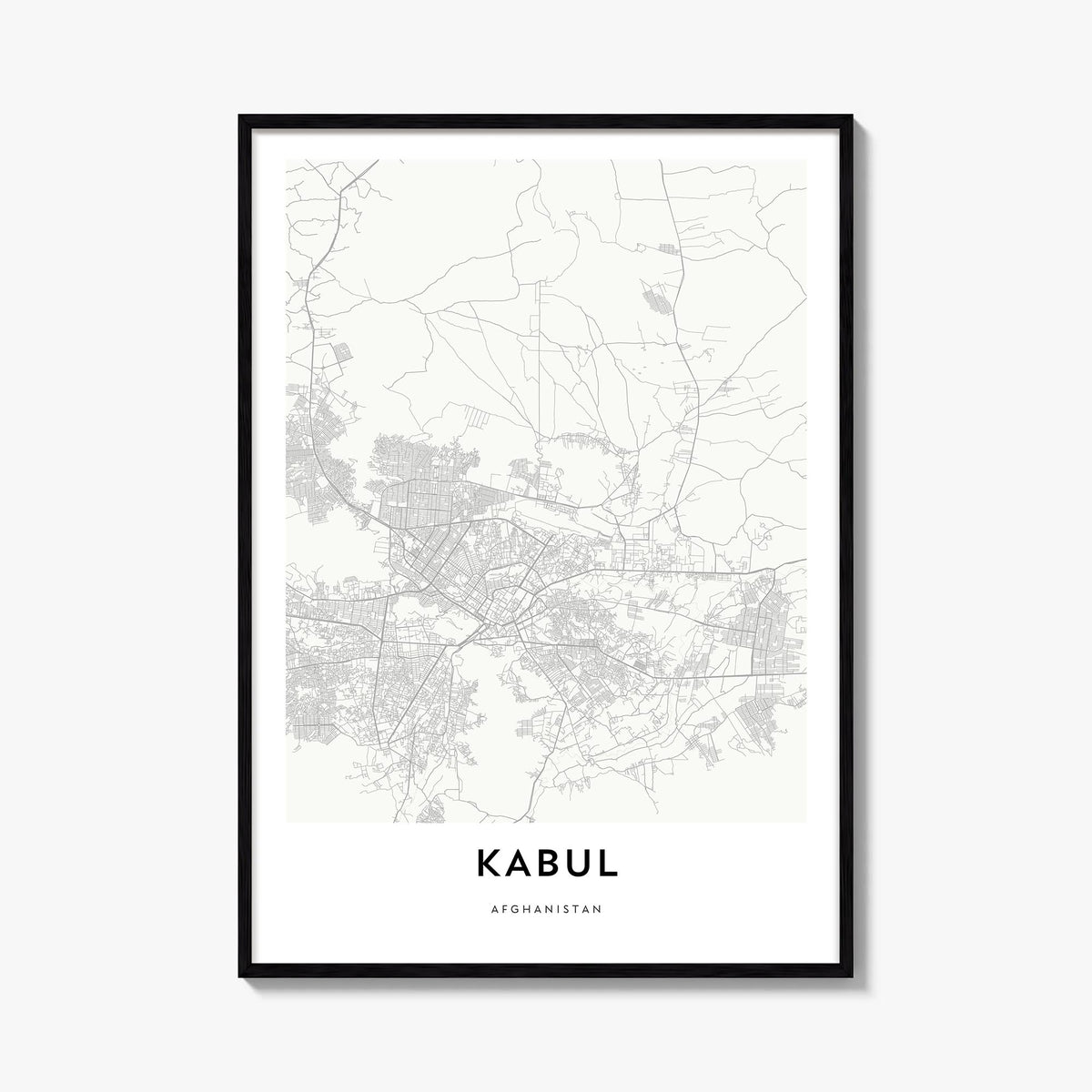 Kabul black & white map poster of Afghanistan – vertical wall art, unframed print shown in interior mockup