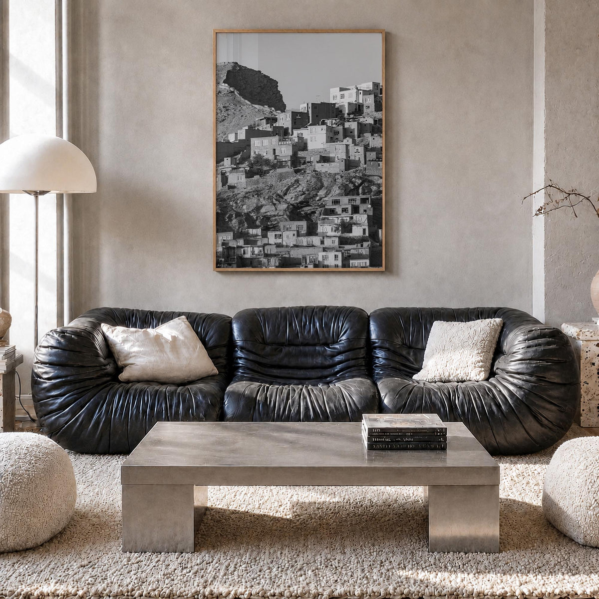 Kabul black & white photo poster of Afghanistan – vertical wall art in natural wood frame, hanging on wall