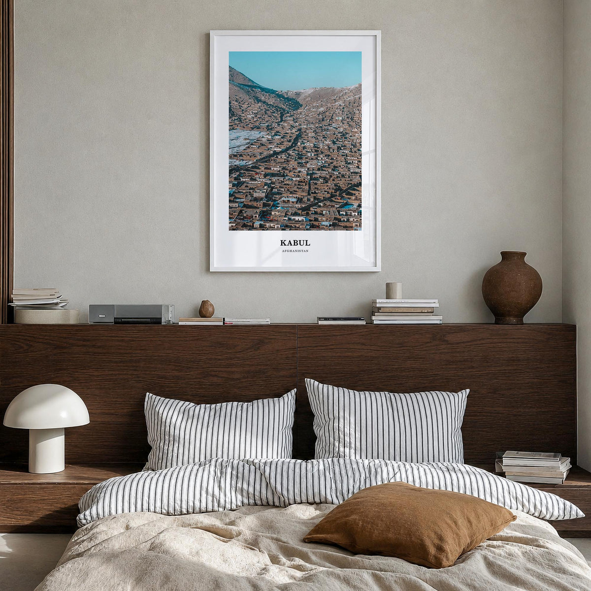 Kabul colorful classic poster of Afghanistan – vertical wall art in white wood frame, hanging on wall
