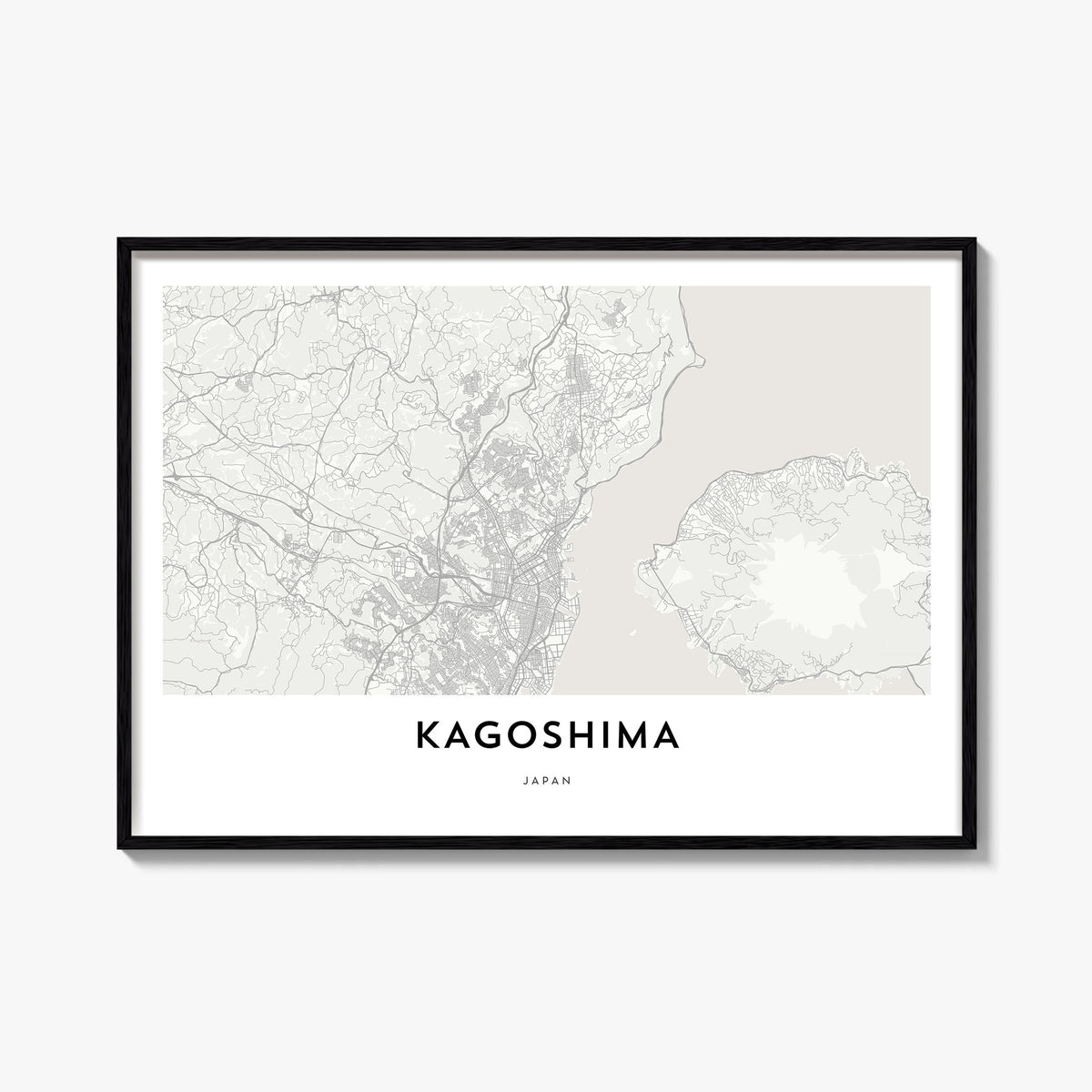 Kagoshima black & white map poster of Japan – horizontal wall art, unframed print shown in interior mockup
