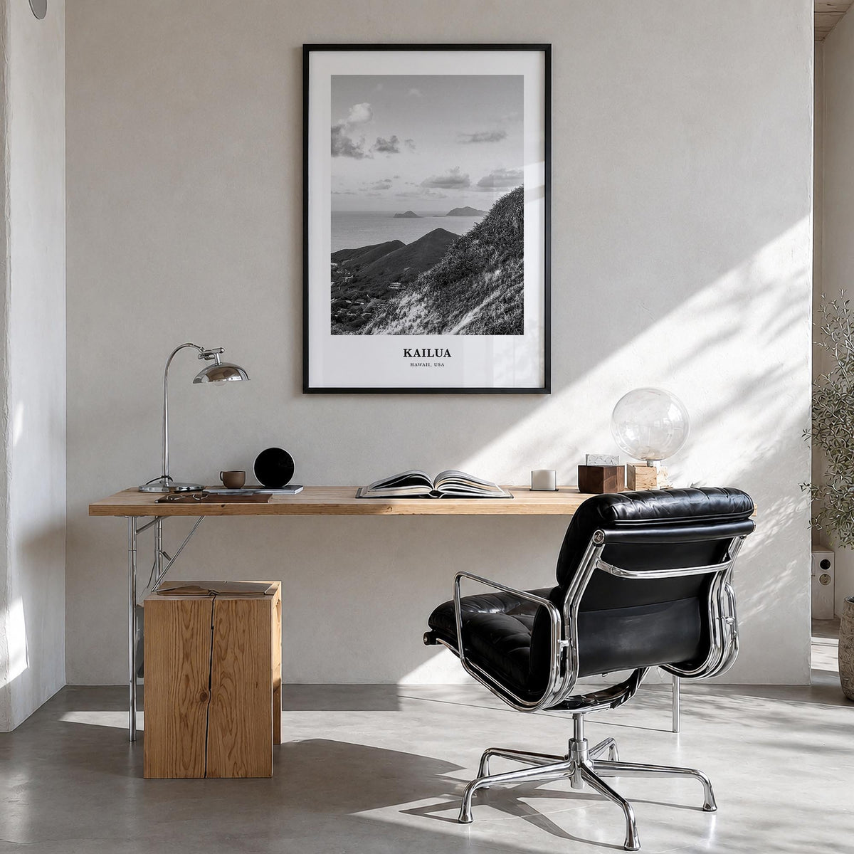 Kailua black & white classic poster of Hawaii, USA – vertical wall art in black wood frame, hanging on wall