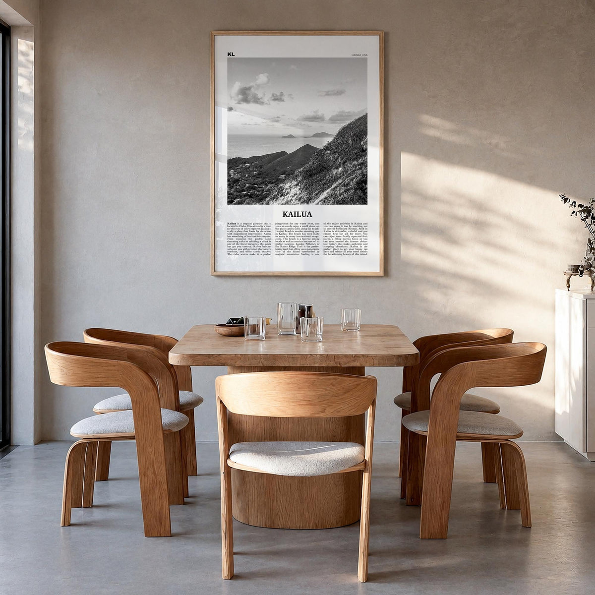 Kailua black & white newspaper poster of Hawaii, USA – vertical wall art in natural wood frame, hanging on wall
