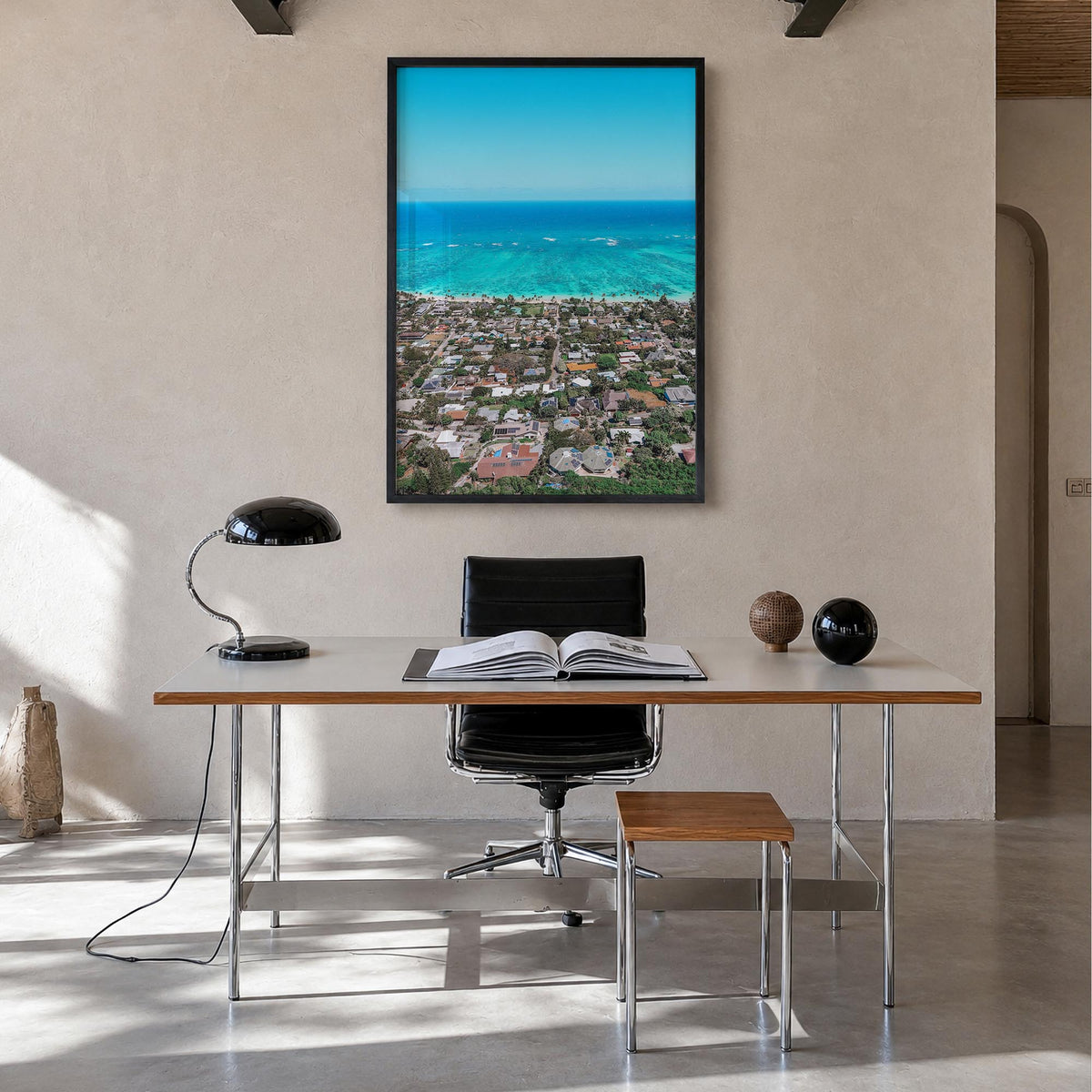Kailua colorful photo poster of Hawaii, USA – vertical wall art in black wood frame, hanging on wall