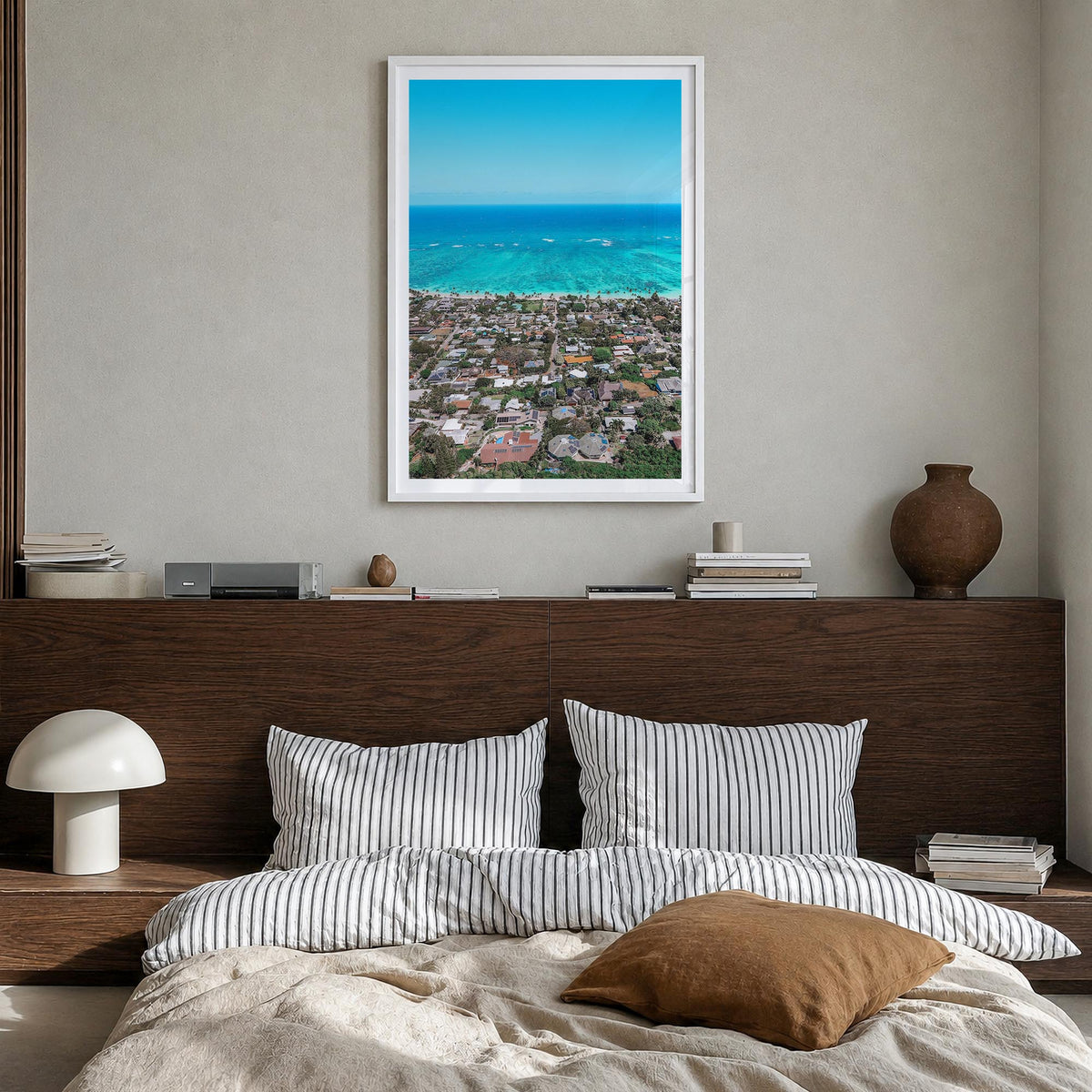 Kailua colorful photo poster of Hawaii, USA – vertical wall art in white wood frame with white border, hanging on wall