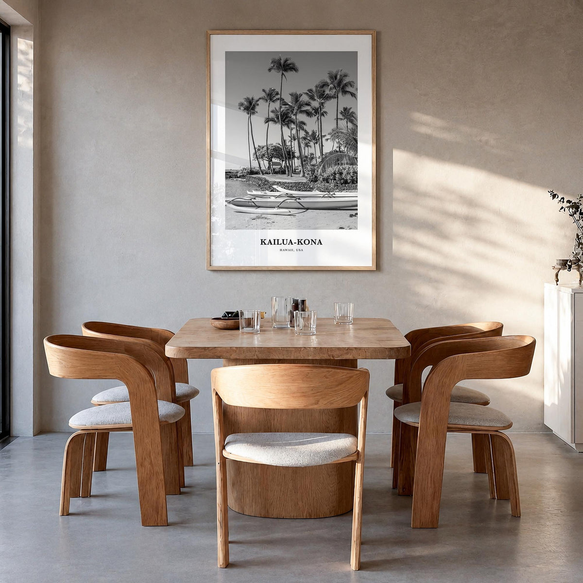 Kailua-Kona black & white classic poster of Hawaii, USA – vertical wall art in natural wood frame, hanging on wall