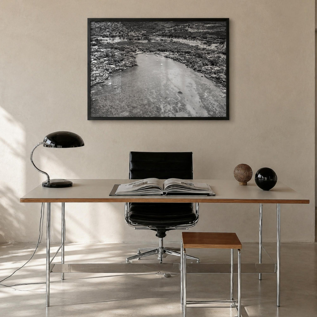 Kailua-Kona black & white photo poster of Hawaii, USA – horizontal wall art in black wood frame, hanging on wall