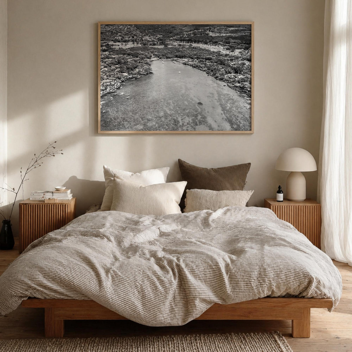 Kailua-Kona black & white photo poster of Hawaii, USA – horizontal wall art in natural wood frame, hanging on wall