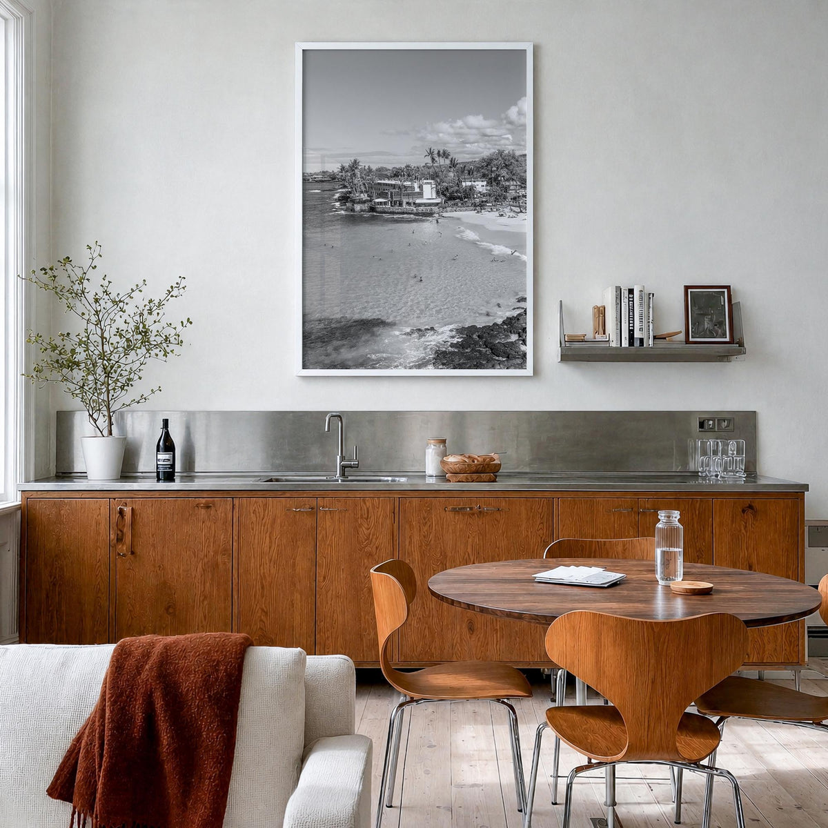 Kailua-Kona black & white photo poster of Hawaii, USA – vertical wall art in white wood frame, hanging on wall