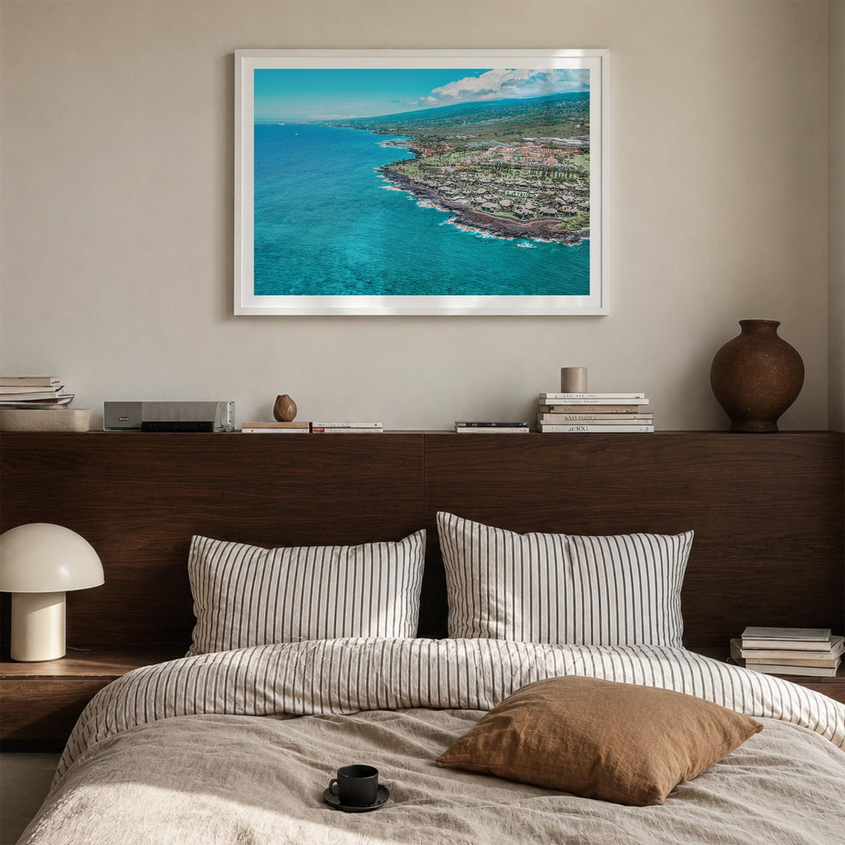Kailua-Kona colorful photo poster of Hawaii, USA – horizontal wall art in white wood frame with white border, hanging on wall