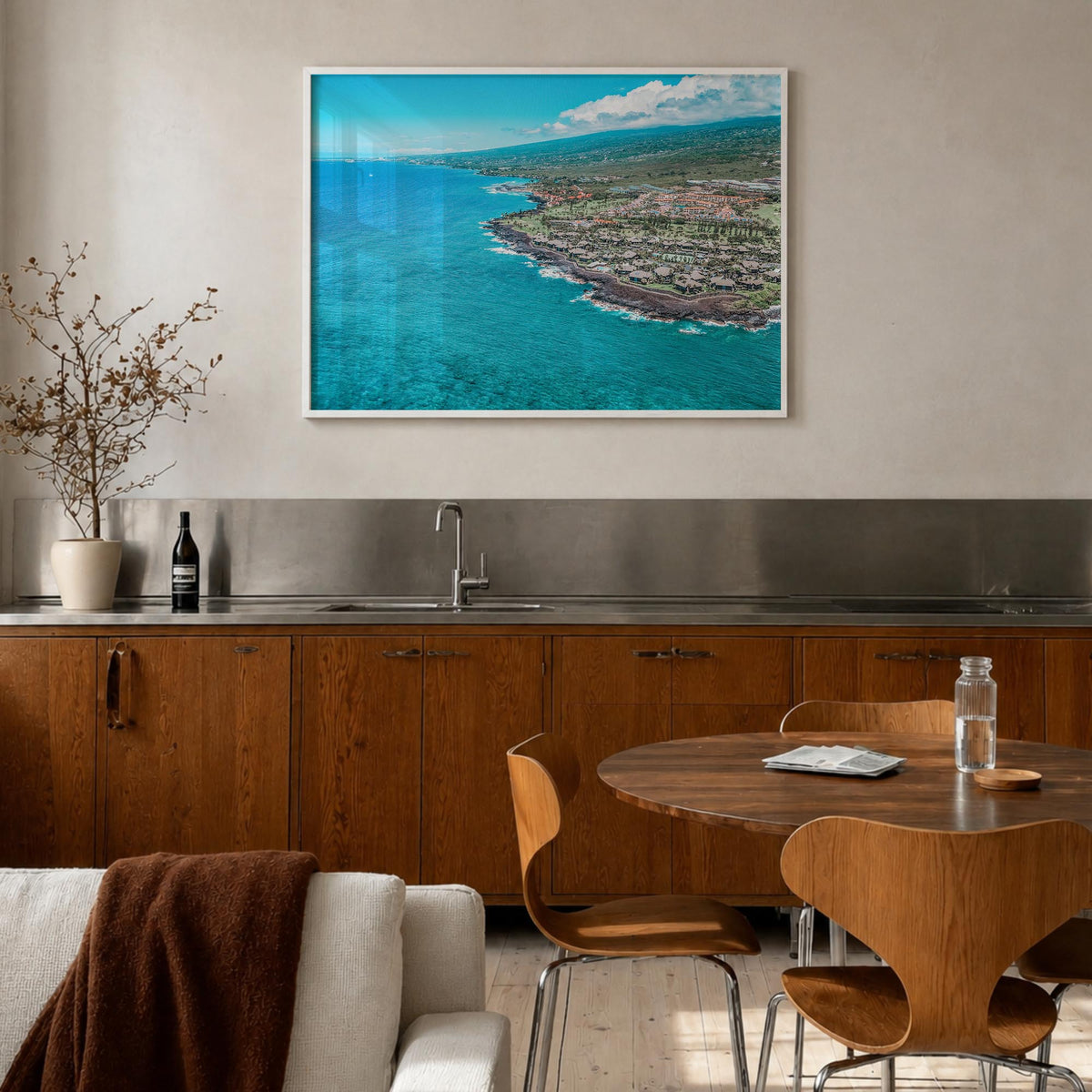 Kailua-Kona colorful photo poster of Hawaii, USA – horizontal wall art in white wood frame, hanging on wall