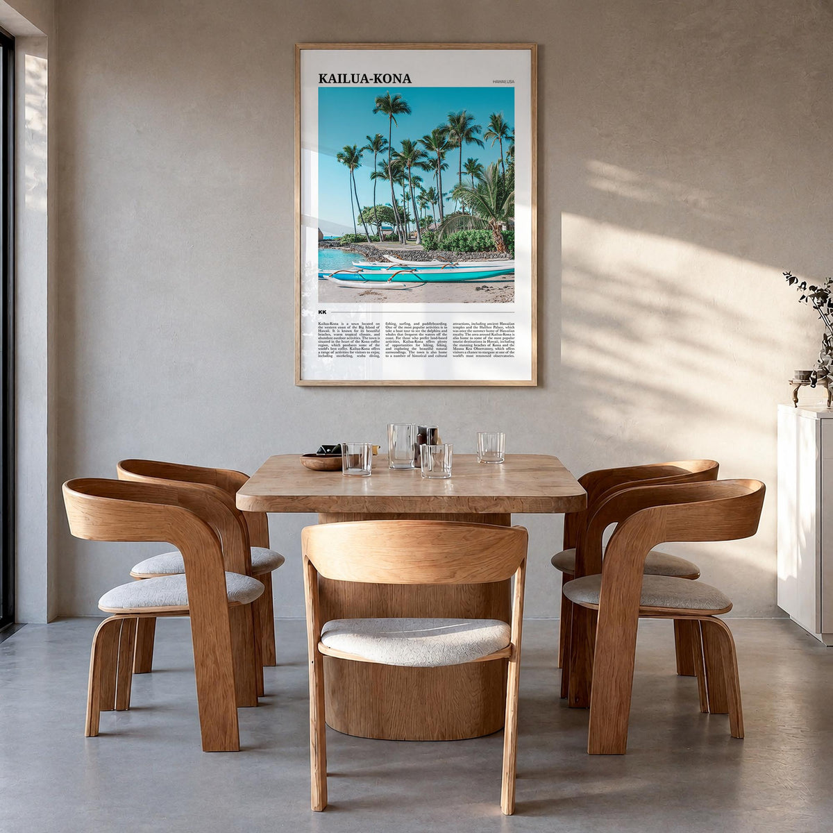 Kailua-Kona no. 2 colorful travel poster of Hawaii, USA – vertical wall art in natural wood frame, hanging on wall