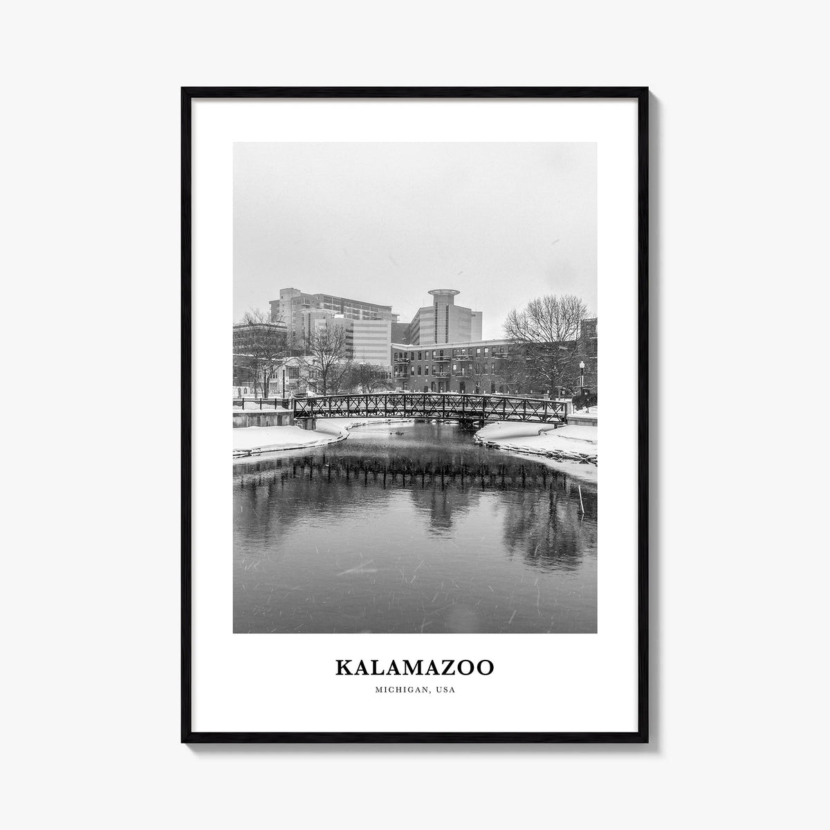 Kalamazoo black & white classic poster of Michigan, USA – vertical wall art, unframed print shown in interior mockup