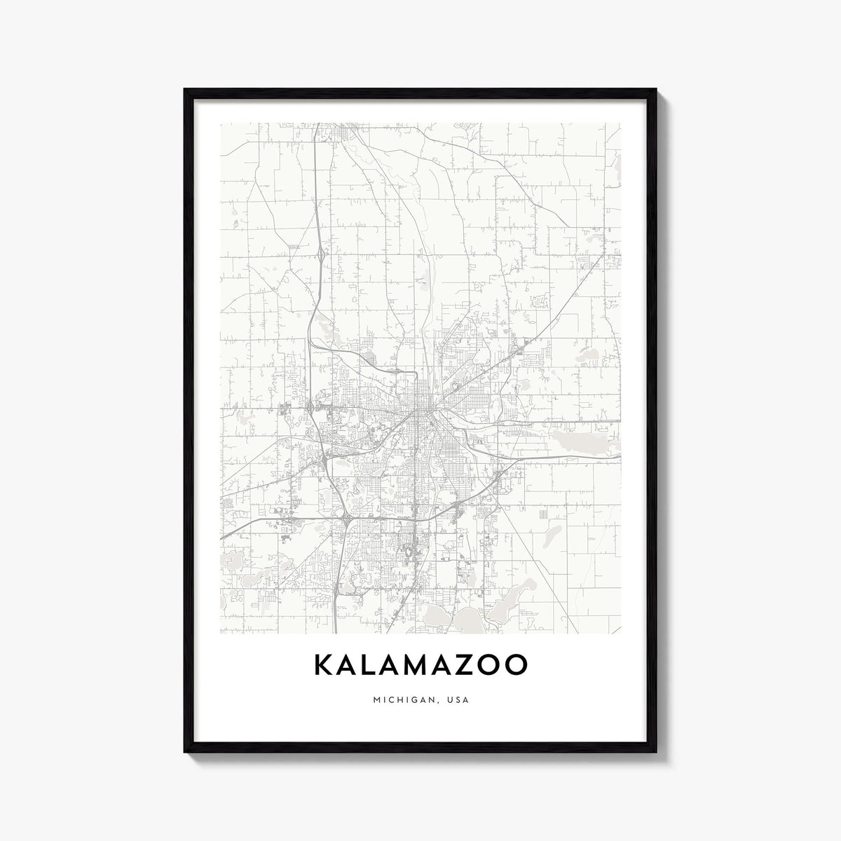 Kalamazoo black & white map poster of Michigan, USA – vertical wall art, unframed print shown in interior mockup