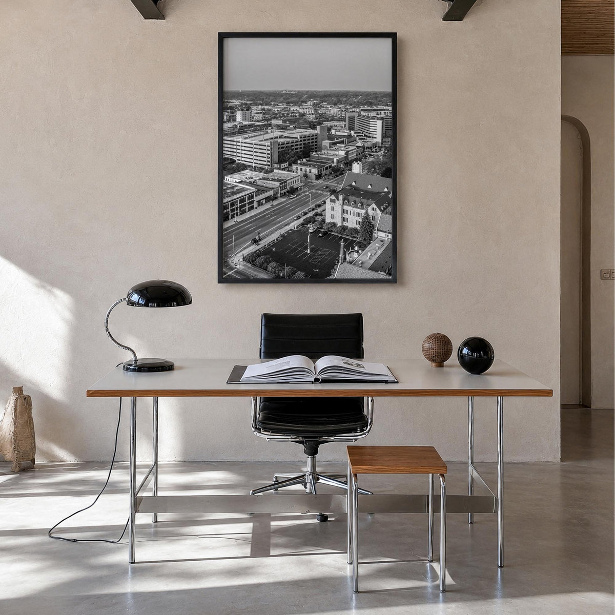 Kalamazoo black & white photo poster of Michigan, USA – vertical wall art in black wood frame, hanging on wall