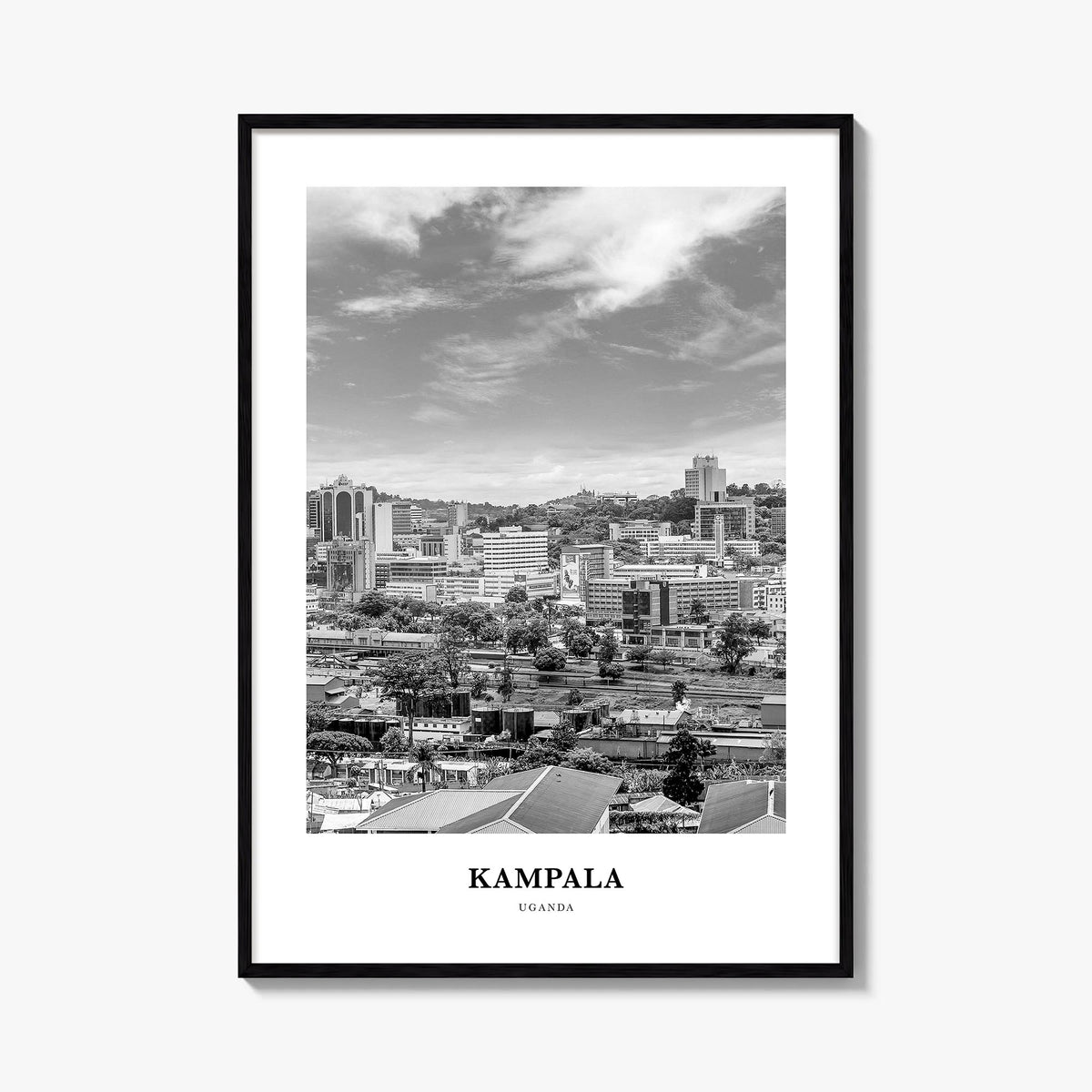 Kampala black & white classic poster of Uganda – vertical wall art, unframed print shown in interior mockup