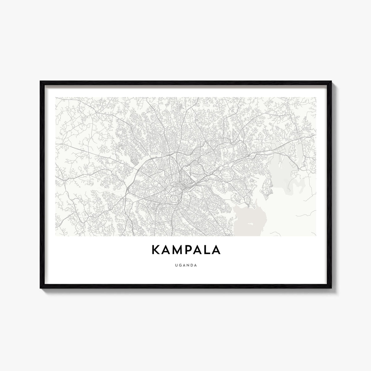 Kampala black & white map poster of Uganda – horizontal wall art, unframed print shown in interior mockup