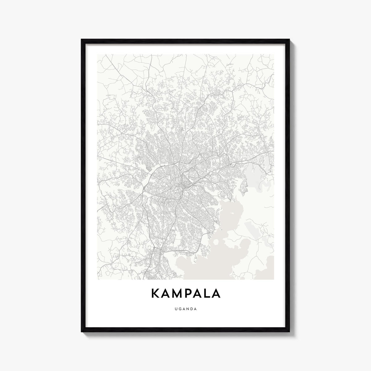 Kampala black & white map poster of Uganda – vertical wall art, unframed print shown in interior mockup