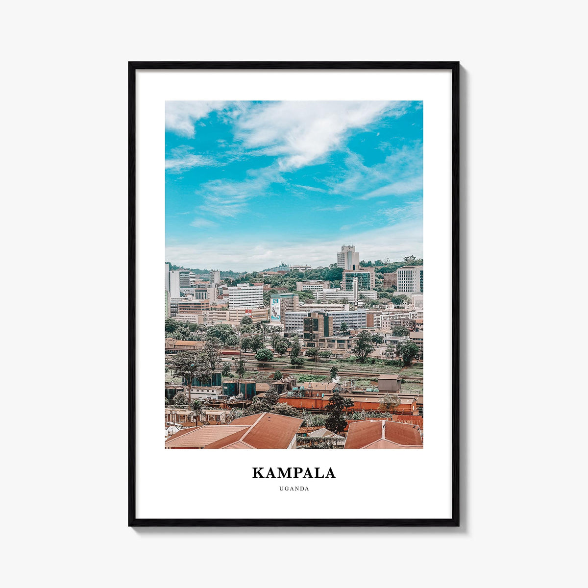 Kampala colorful classic poster of Uganda – vertical wall art, unframed print shown in interior mockup