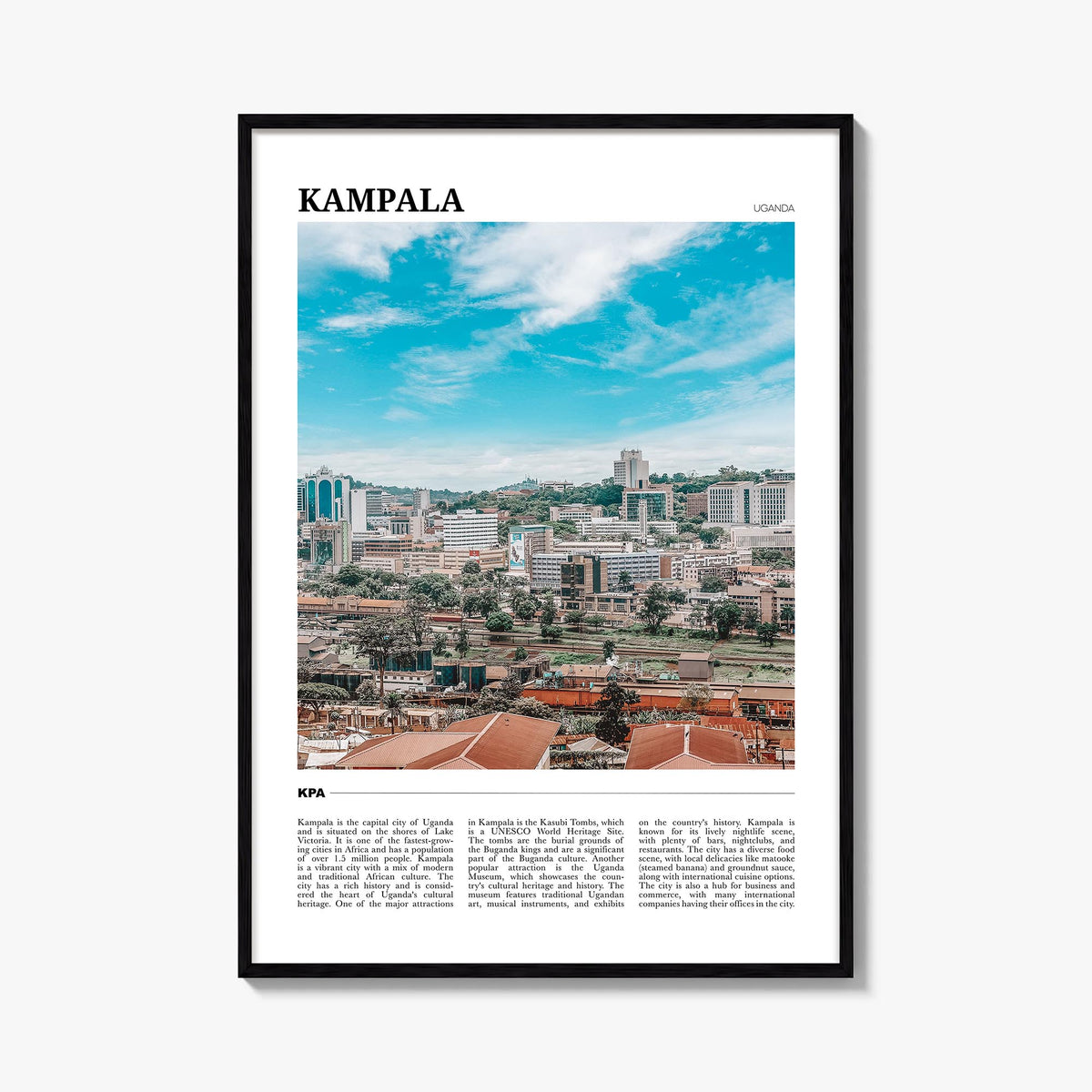 Kampala colorful travel poster of Uganda – vertical wall art, unframed print shown in interior mockup