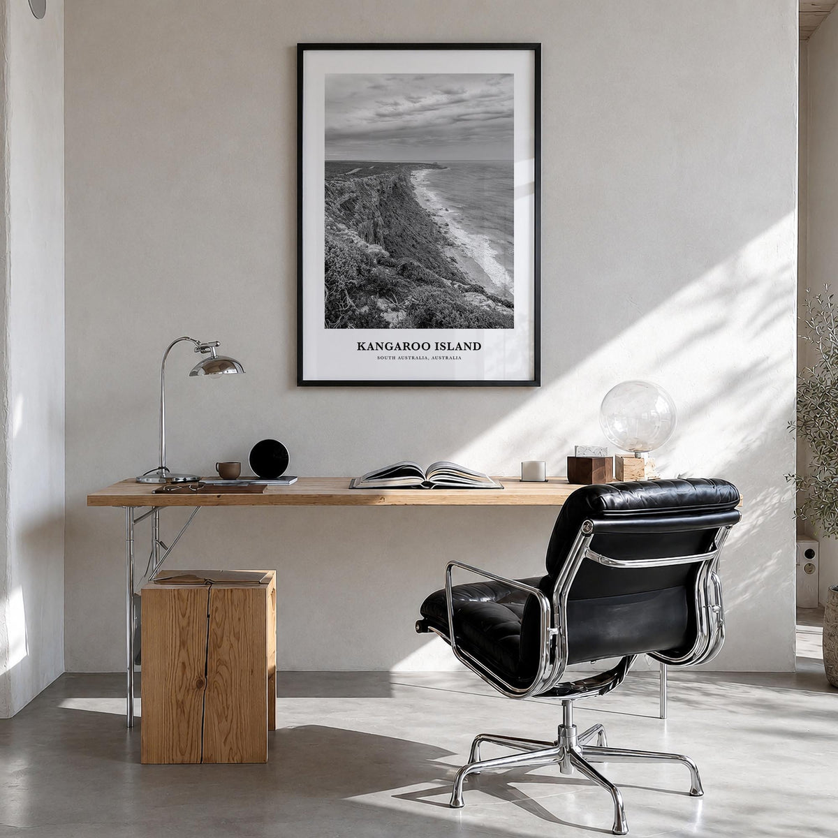 Kangaroo Island black & white classic poster of Australia – vertical wall art in black wood frame, hanging on wall