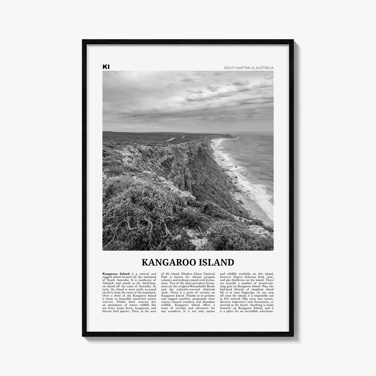 Kangaroo Island black & white newspaper poster of Australia – vertical wall art, unframed print shown in interior mockup