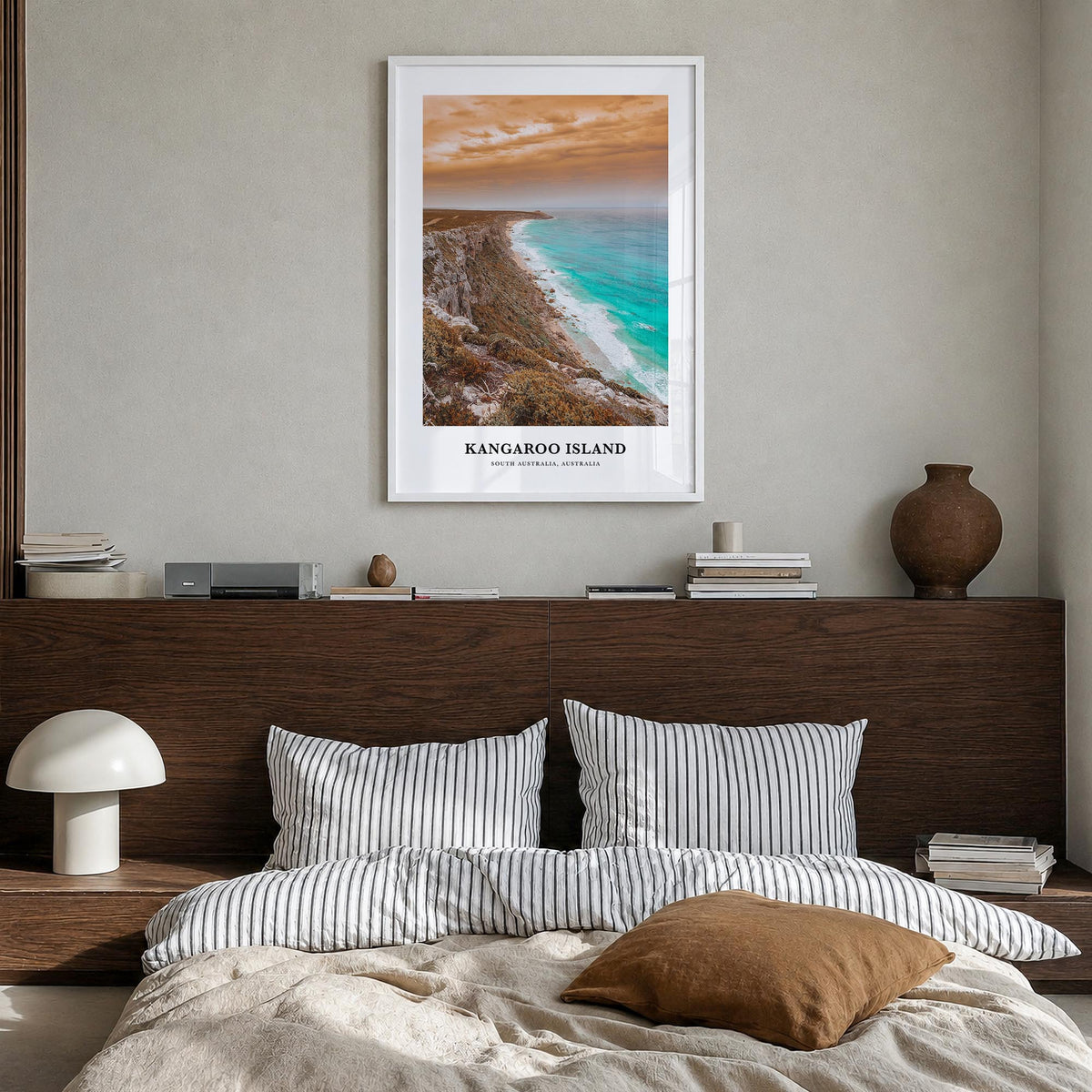 Kangaroo Island colorful classic poster of Australia – vertical wall art in white wood frame, hanging on wall