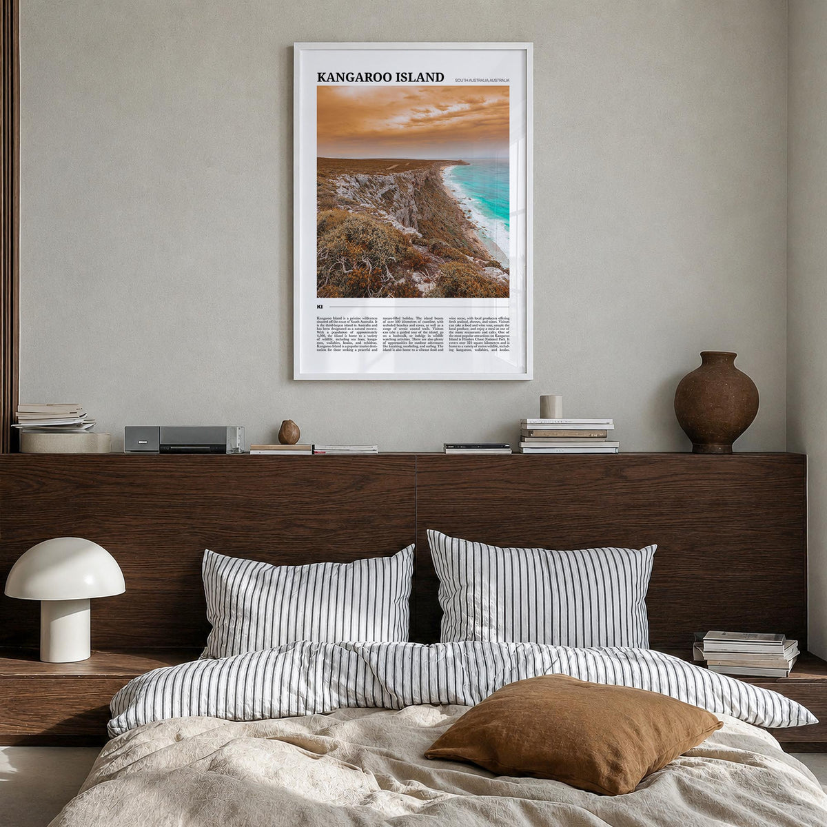 Kangaroo Island colorful travel poster of Australia – vertical wall art in white wood frame, hanging on wall