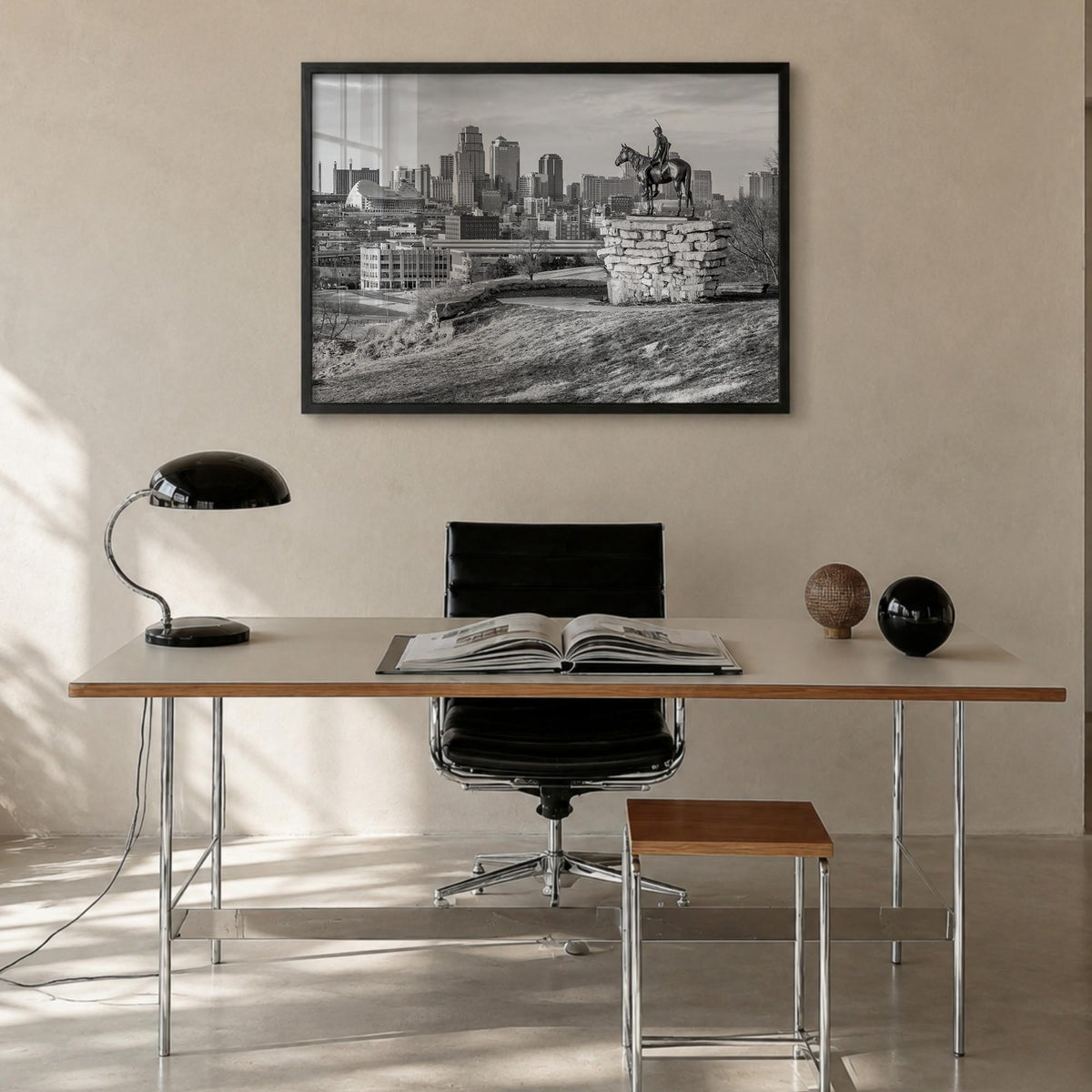 Kansas black & white photo poster of United States – horizontal wall art in black wood frame, hanging on wall