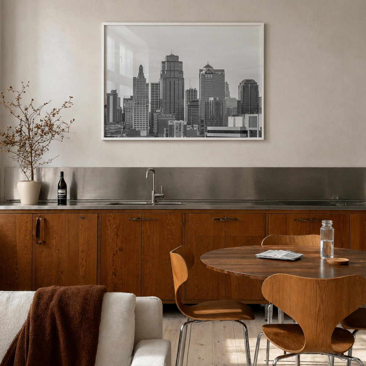 Kansas City black & white photo poster of Missouri, USA – horizontal wall art in white wood frame, hanging on wall