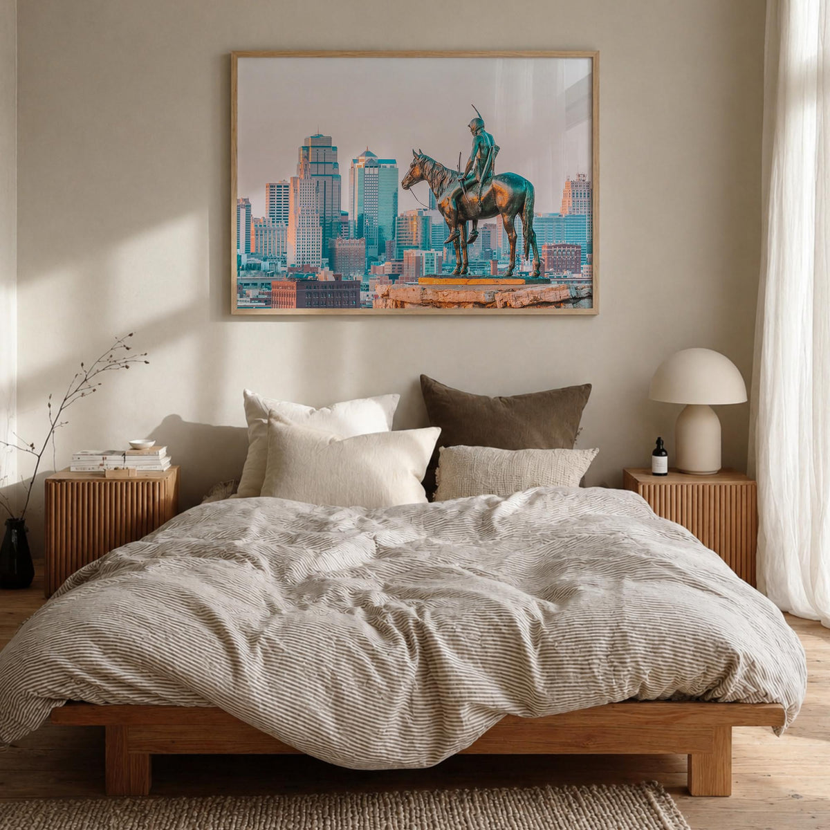 Kansas City colorful photo poster of Missouri, USA – horizontal wall art in natural wood frame, hanging on wall