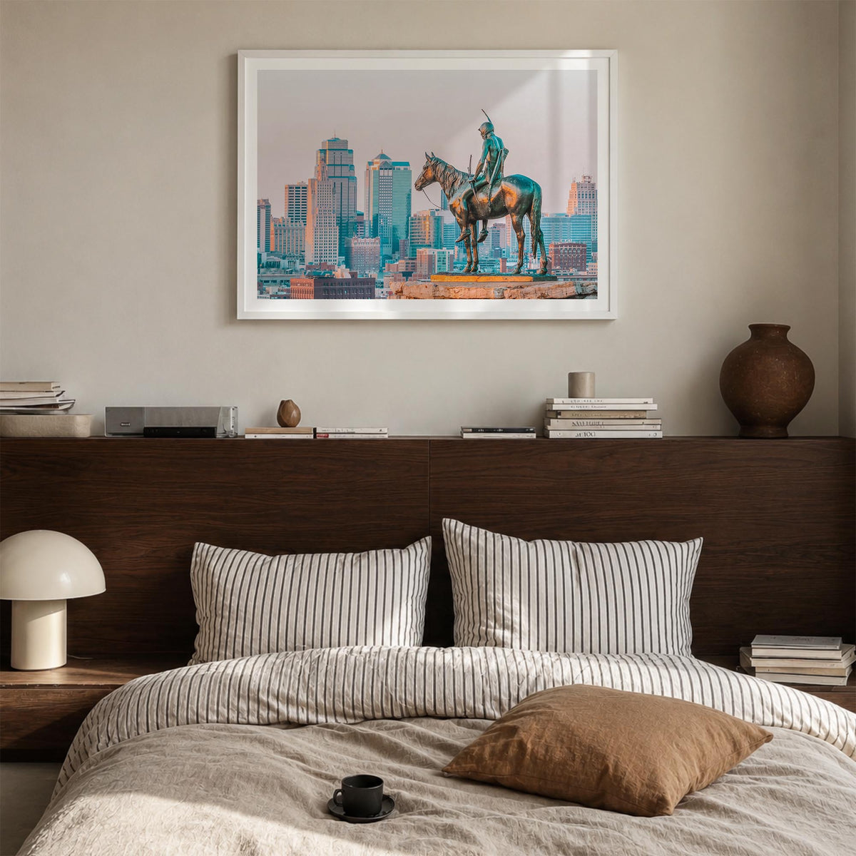 Kansas City colorful photo poster of Missouri, USA – horizontal wall art in white wood frame with white border, hanging on wa