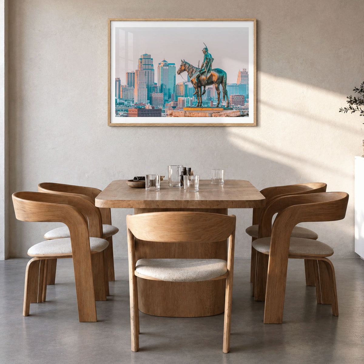 Kansas City, Missouri Photo Poster in a natural wood frame, hanging in a dining room, white border