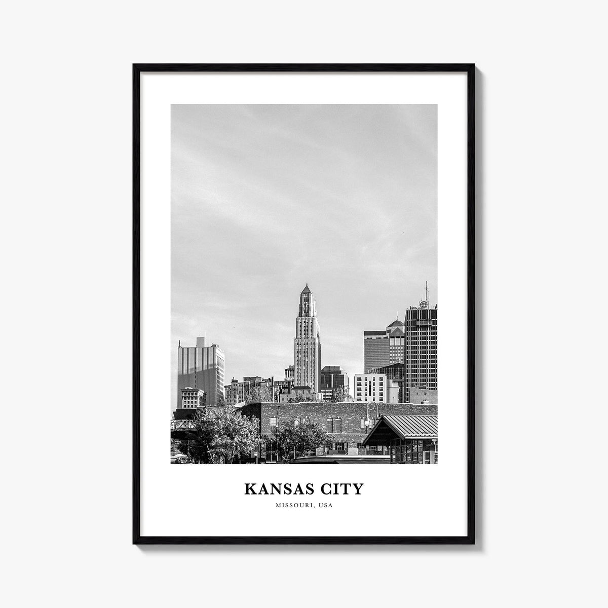Kansas City no. 1 black & white classic poster of Missouri, USA – vertical wall art, unframed print shown in interior mockup