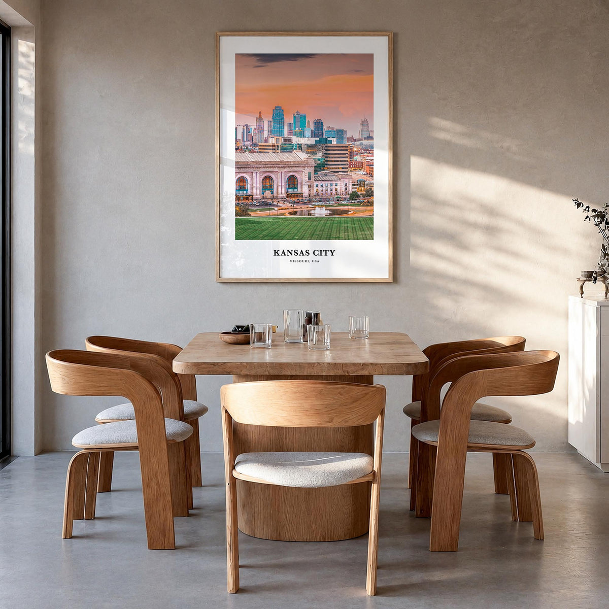 Kansas City no. 1 colorful classic poster of Missouri, USA – vertical wall art in natural wood frame, hanging on wall