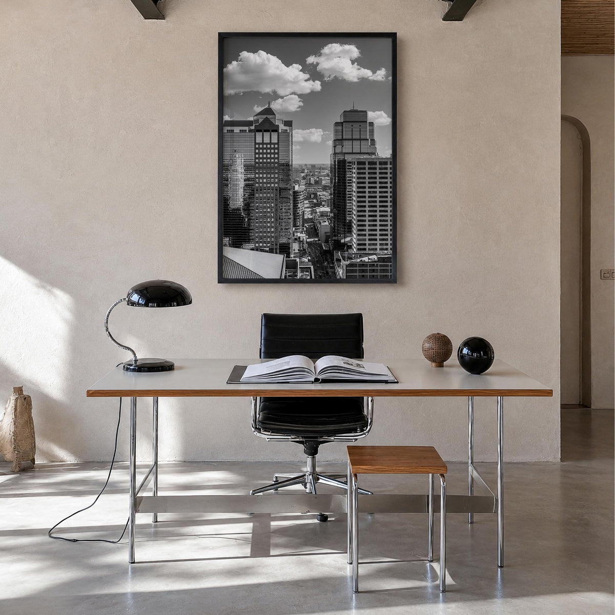 Kansas City no. 2 black & white photo poster of Missouri, USA – vertical wall art in black wood frame, hanging on wall