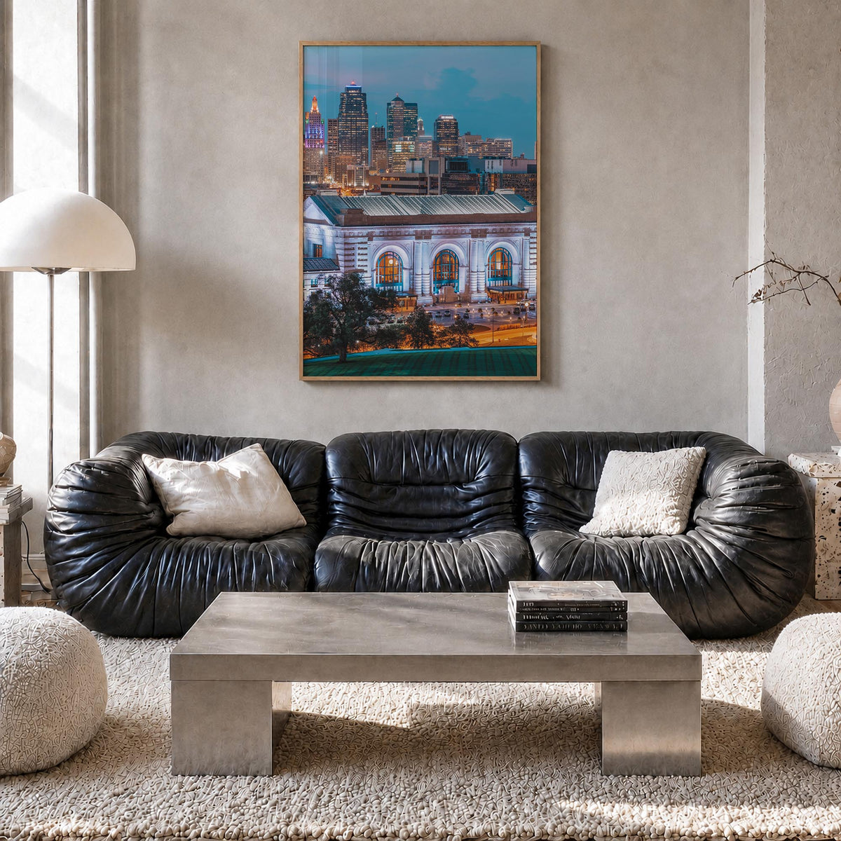 Kansas City no. 2 colorful photo poster of Missouri, USA – vertical wall art in natural wood frame, hanging on wall