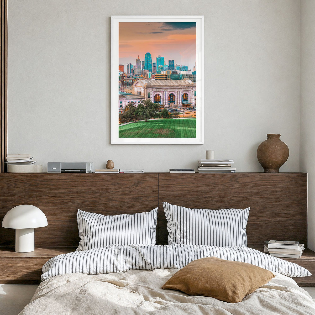 Kansas City, Missouri Photo No 1 Poster in a white wood frame, hanging in a bedroom, white border